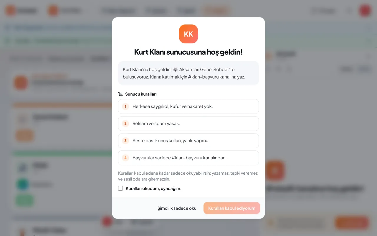 Sunucuya girince açılan karşılama ve kurallar penceresi