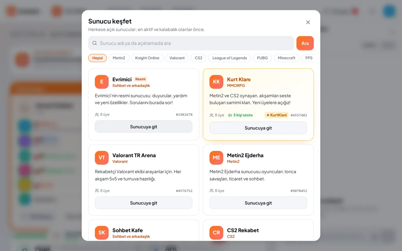 Sunucu keşfet sayfası: kategoriler ve sunucu kartları