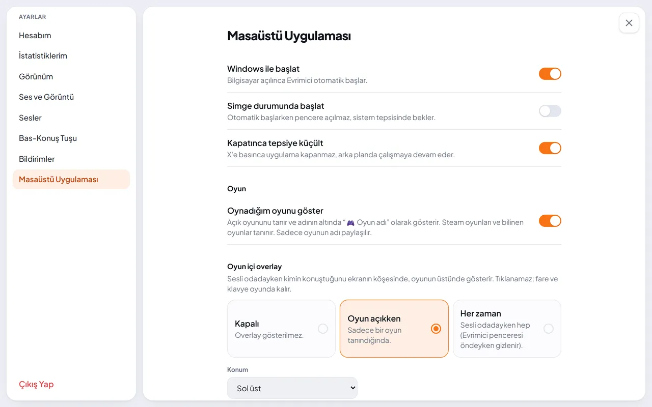 Evrimici Windows uygulaması ve oyun içi gösterge