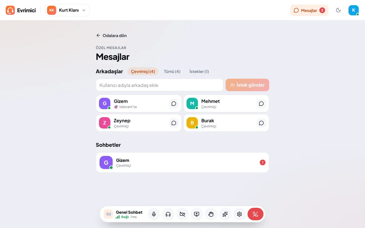 Mesajlar sayfası: arkadaş listesi ve özel mesajlaşma