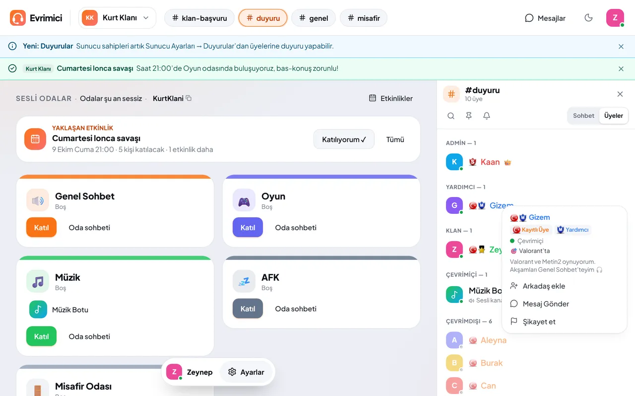 Evrimici profil kartı: avatar, durum yazısı ve roller