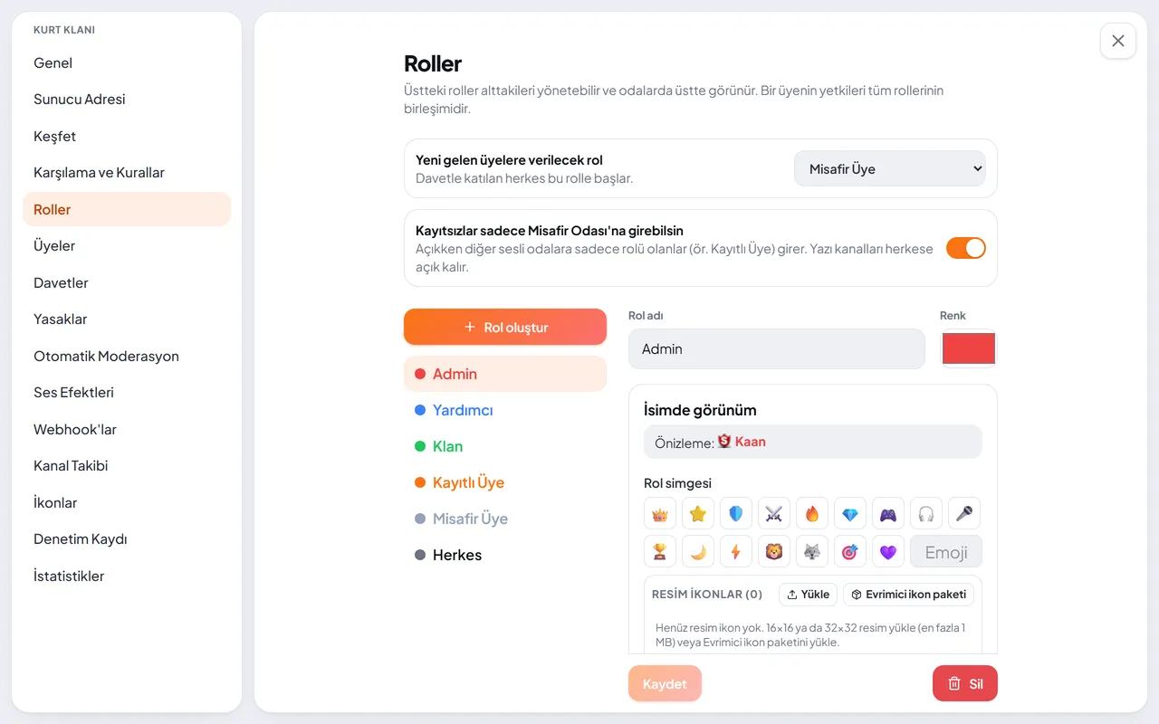 Roller ekranı: rol rengi, simgesi ve yetkiler