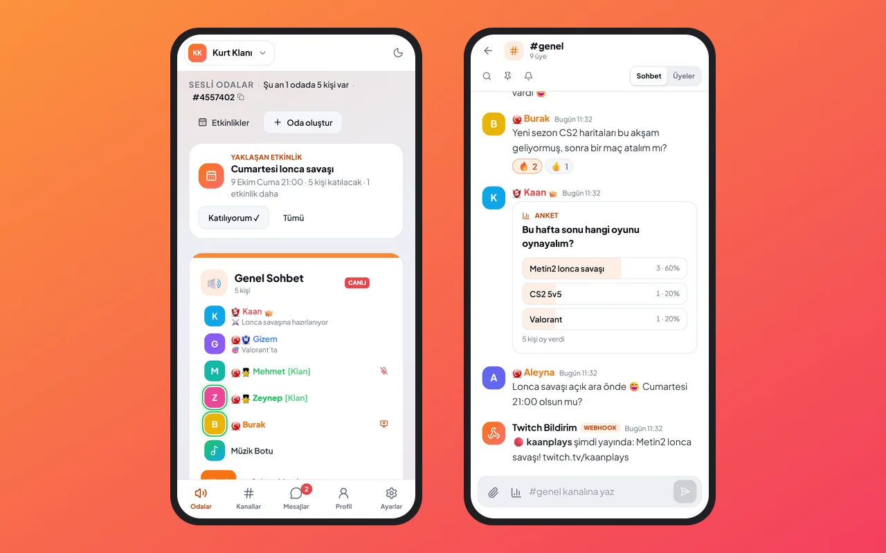 Telefonda Evrimici: odalar ve sohbet ekranı