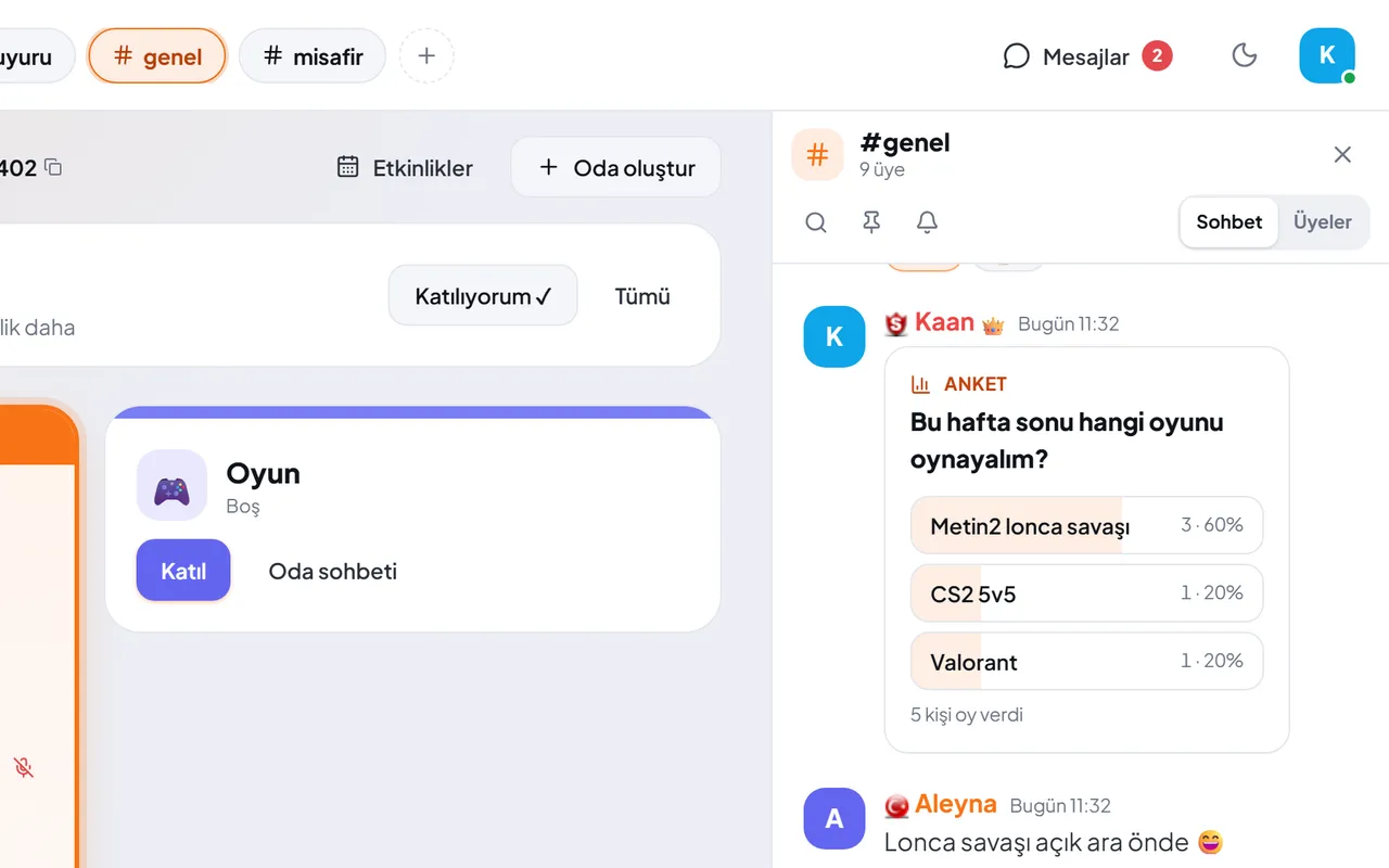 Yazı kanalında mesajlar, tepkiler, yanıt ve anket